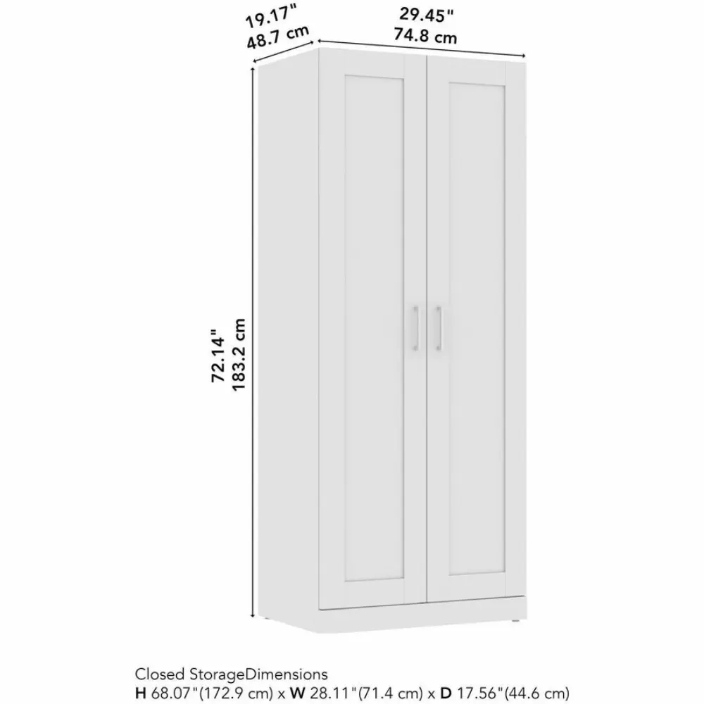 White tall wardrobe with two doors and metal handles