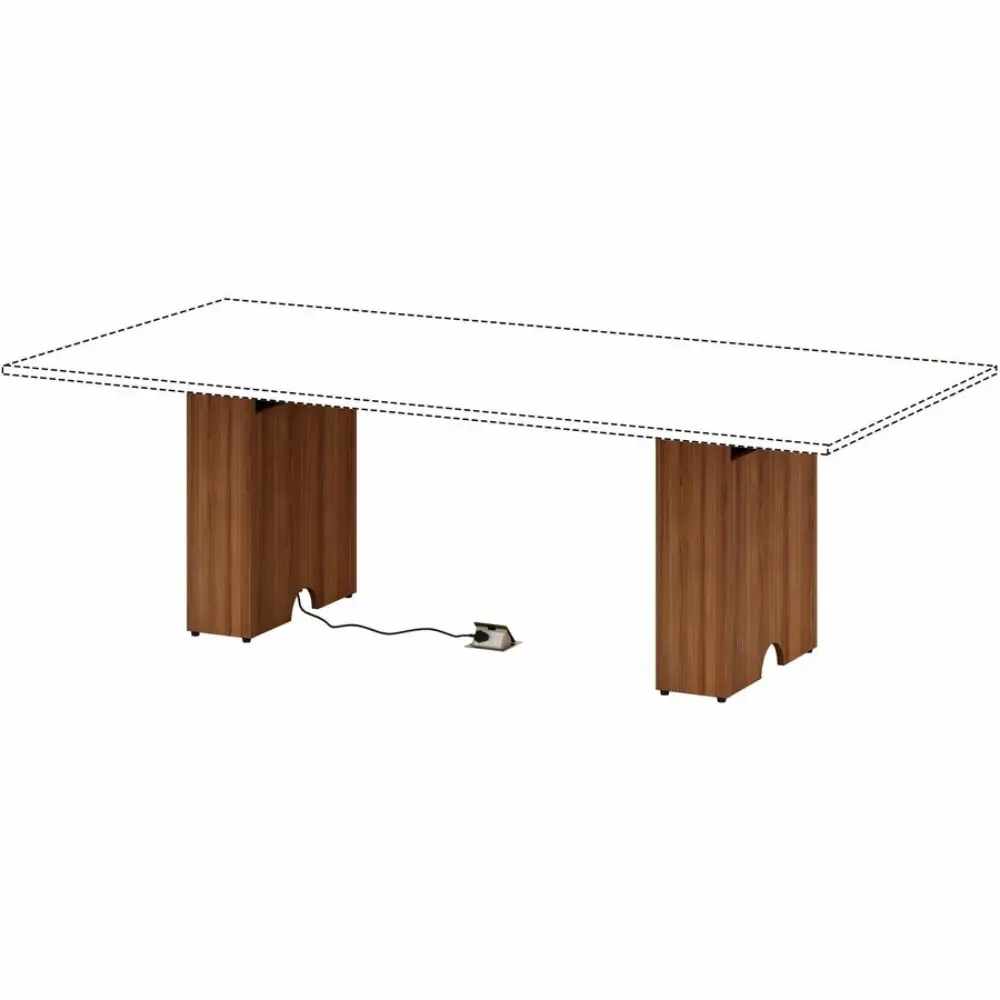 A longer table with four pedestal legs, dashed outline for tabletop showing multiple sections.