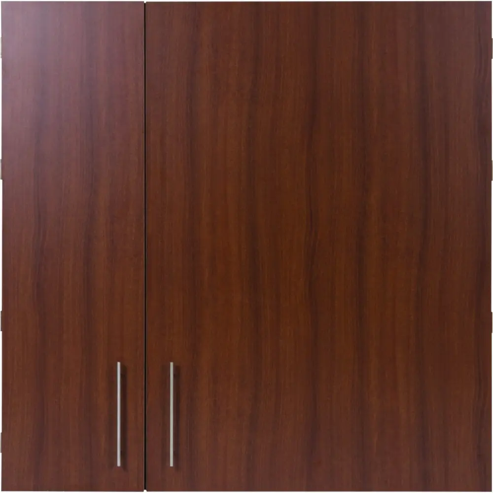 Interior view of a two-door cabinet with one door open showing white interior panel.