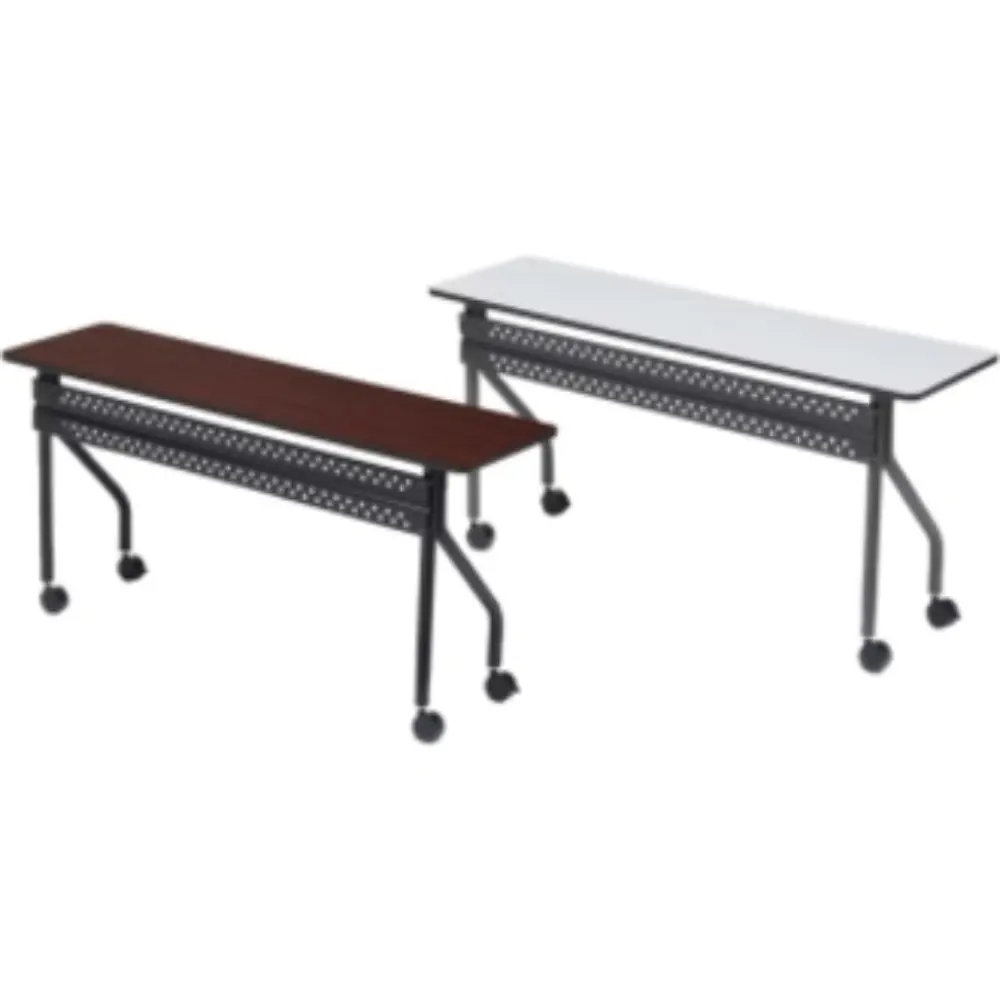 Single gray table top with metal frame and wheels