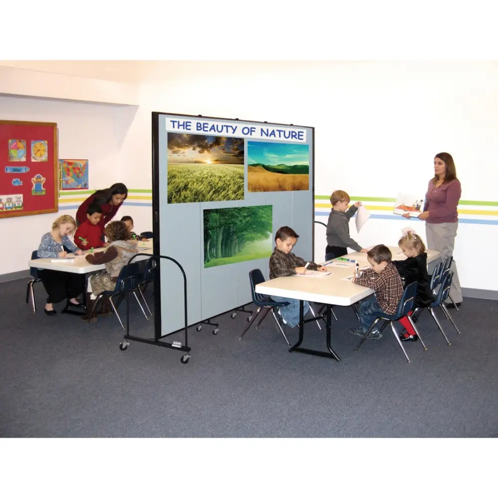 Wide red room dividers on wheels used to partition a classroom or event space