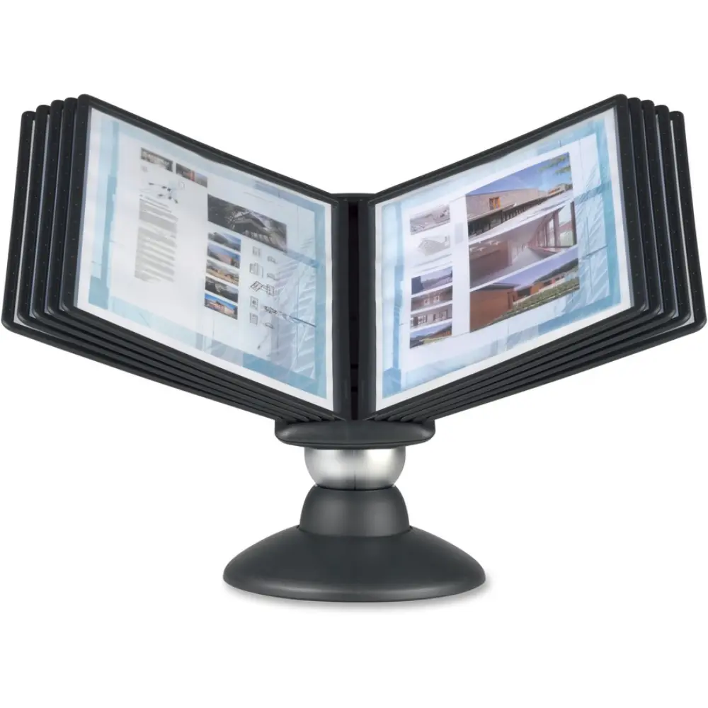 Front view of a swivel display with pages
