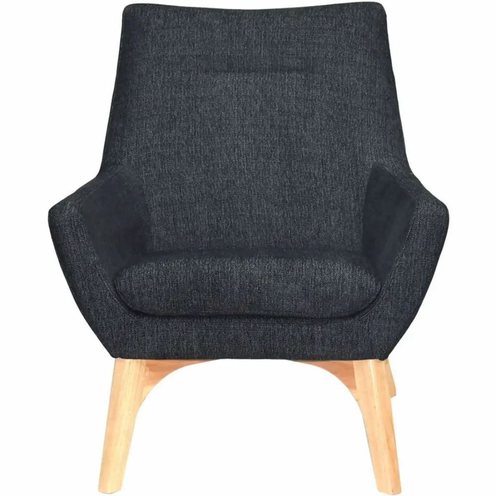 Dark gray upholstered armchair with wooden legs, side view