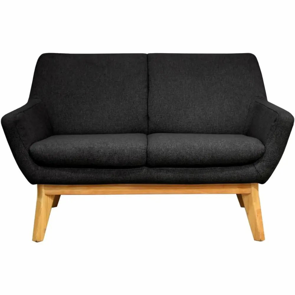 Close-up side view of a dark gray two-seater sofa showing armrest and upholstery.