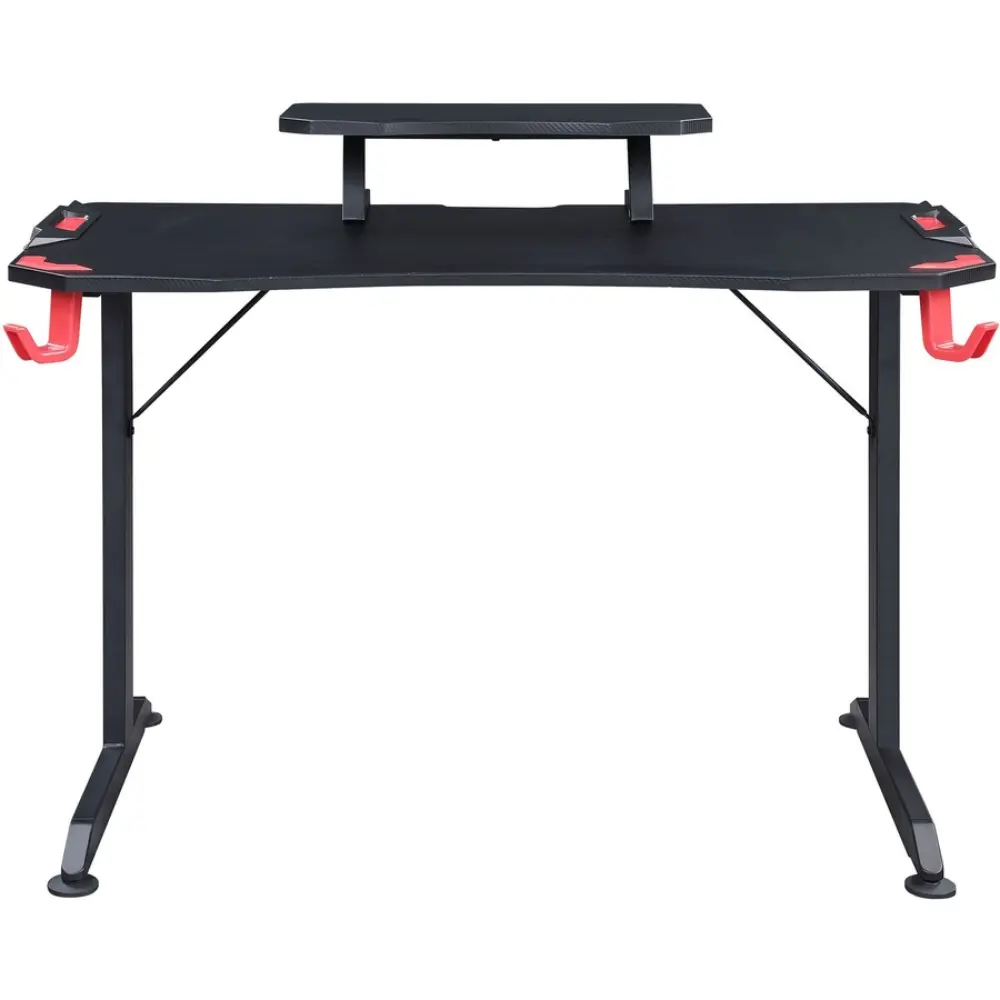 Side view of a black gaming desk with a foldable front extension and red hooks on the side