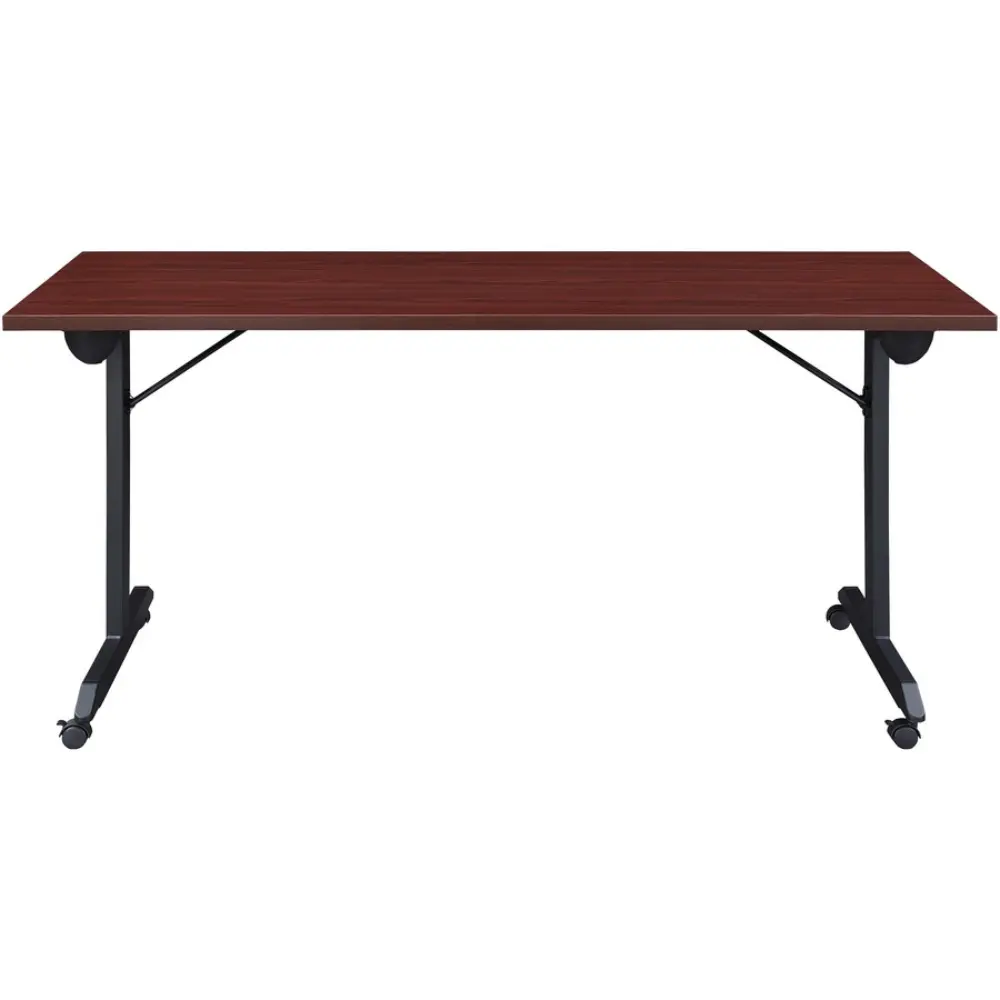 Front view of a height-adjustable standing desk with mahogany laminate top and central support column on a wheeled base.