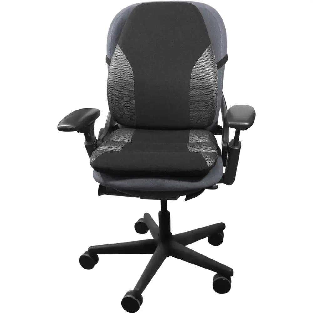Gray and black office chair with armrests and wheels, side view
