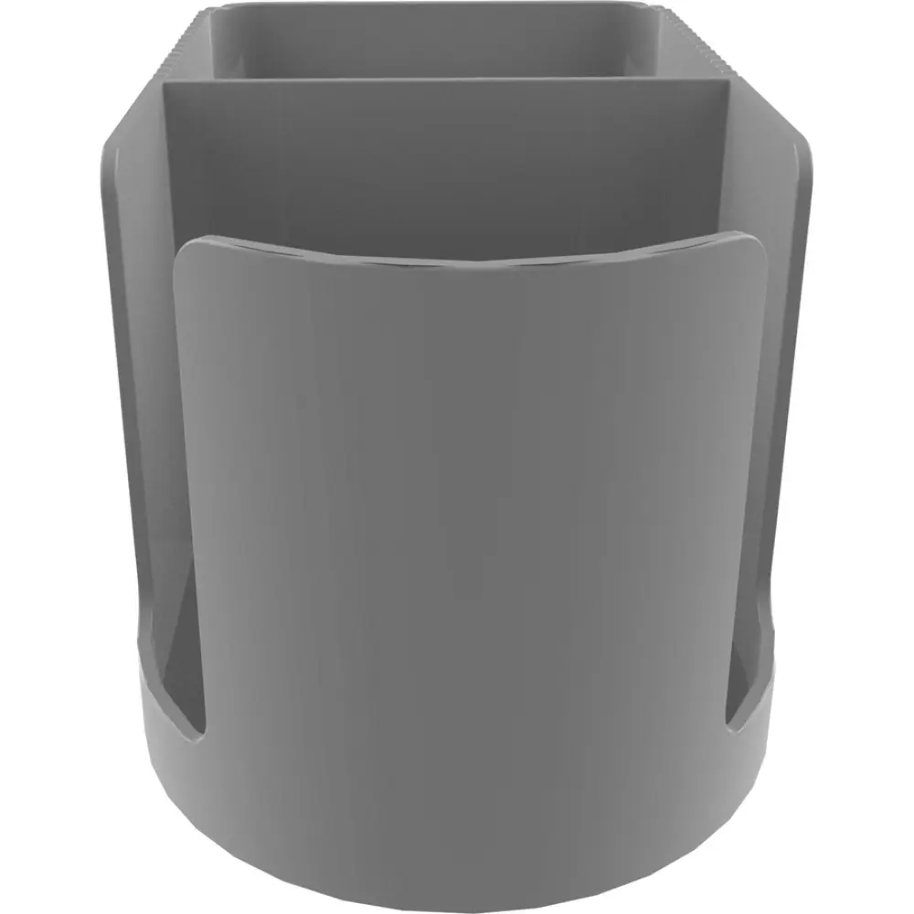 Modern gray desk organizer with two-tier tray and circular cutout