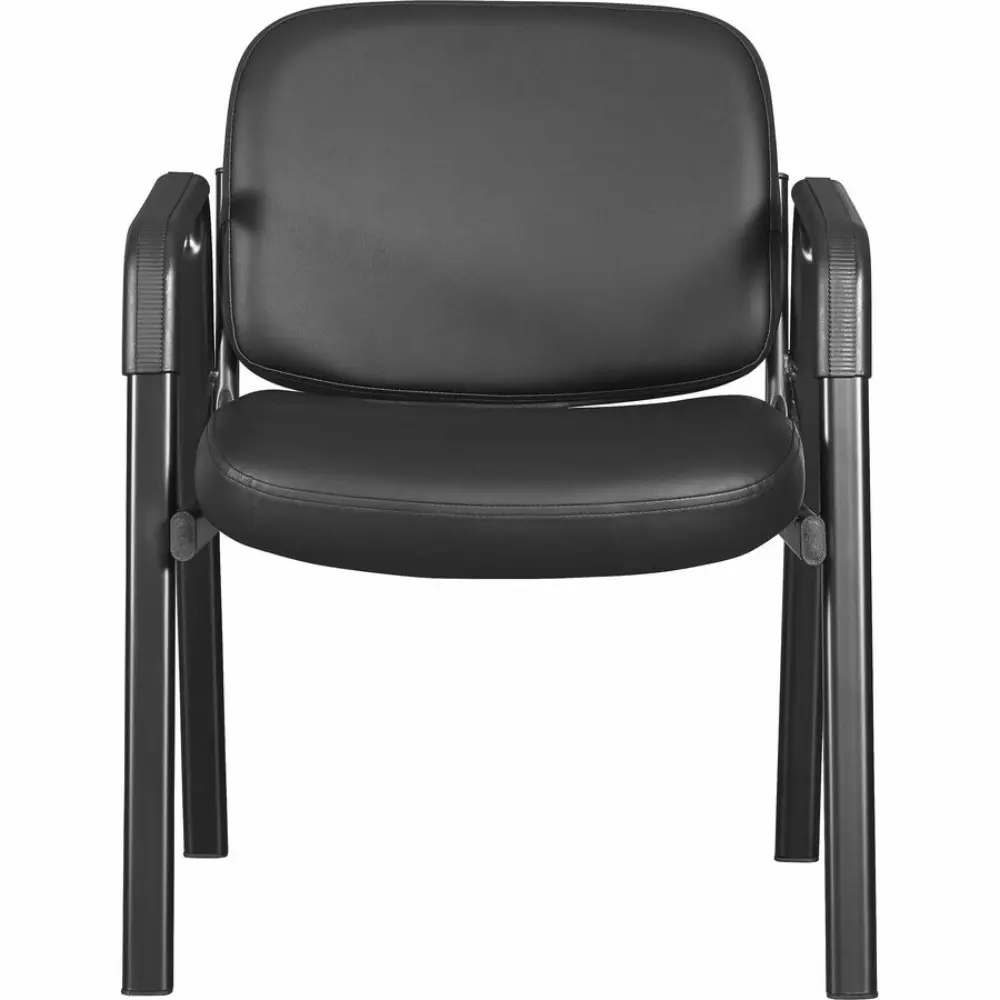 Back view of a black upholstered office chair showing the seat and arm structure.
