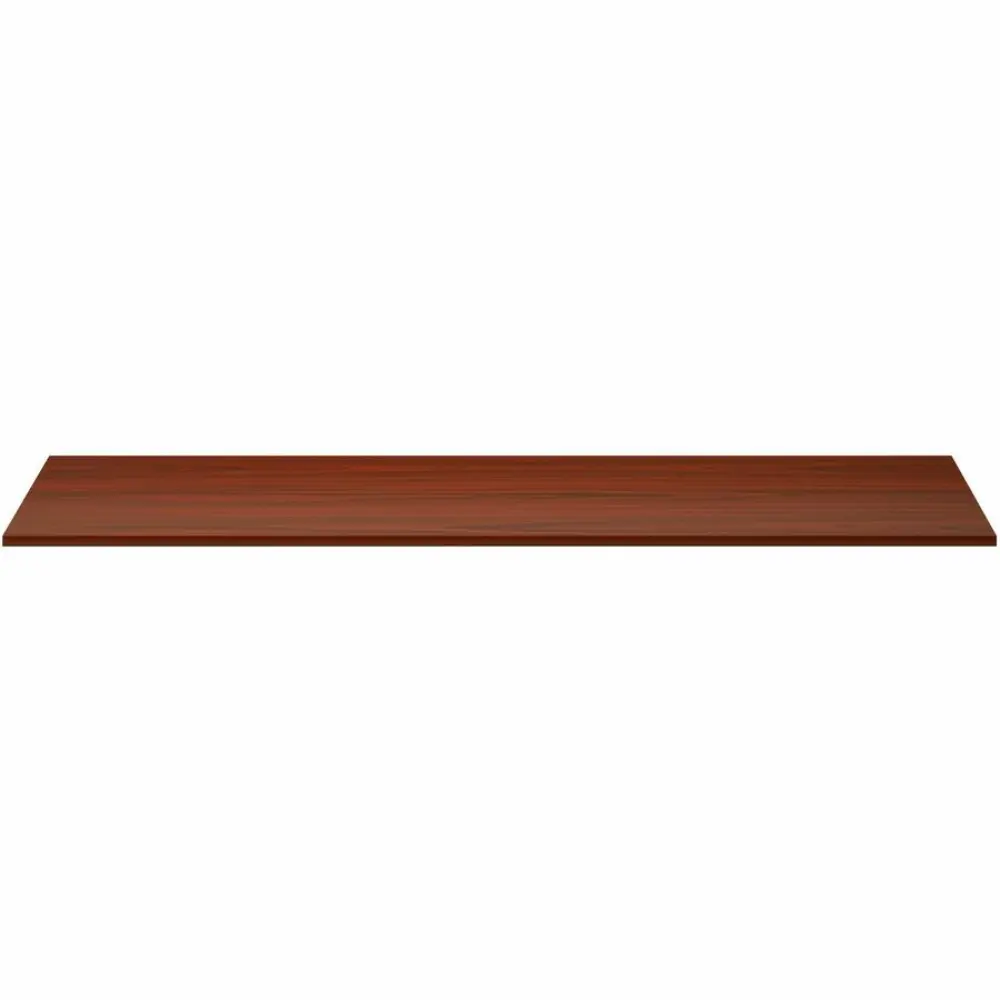 A large wooden conference table with two pedestal legs, dark brown wood grain finish, isolated on white background.