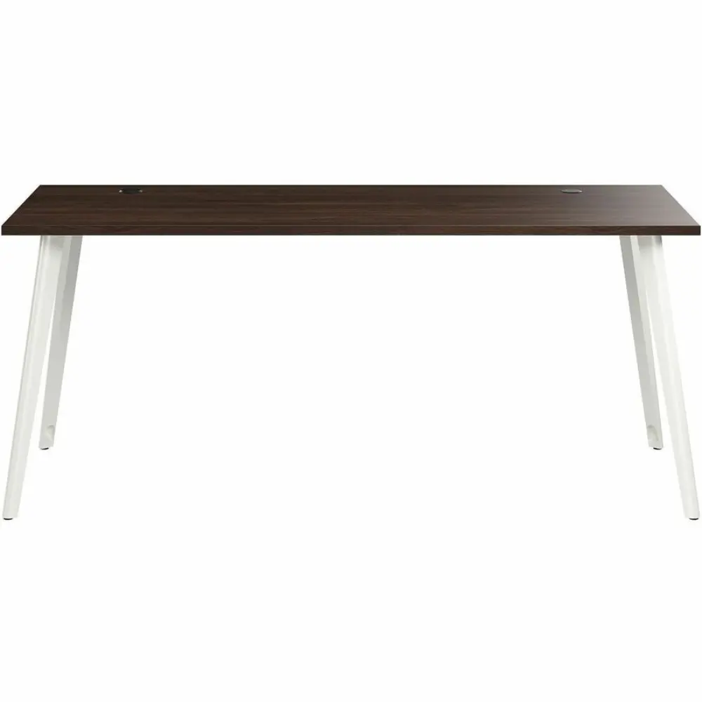 Close-up of the desk corner showing dark wood top and white angled leg.
