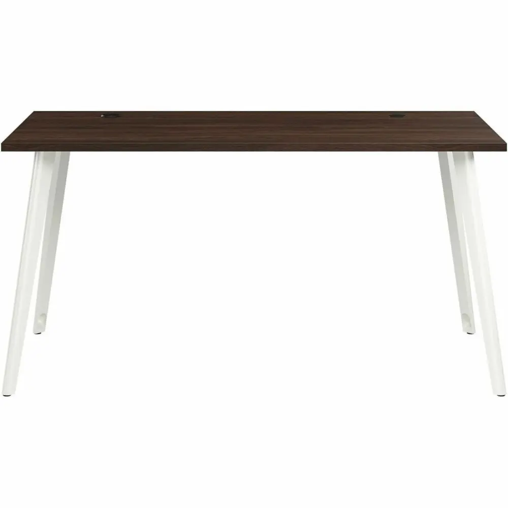Close-up of desk legs and wood top, showing the two front legs and part of top.