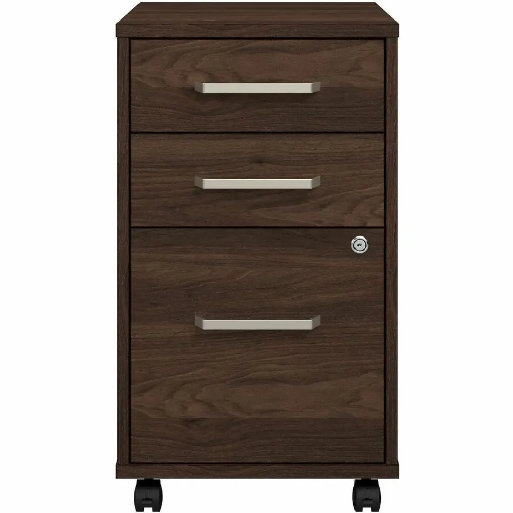 Side view of a dark wood cabinet showing panel design and caster wheels