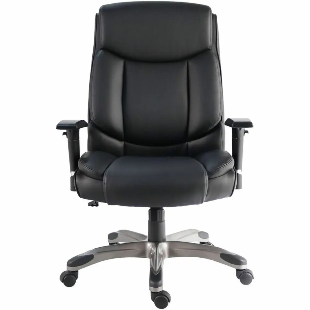 Back view of black leather executive chair showing back padding and base