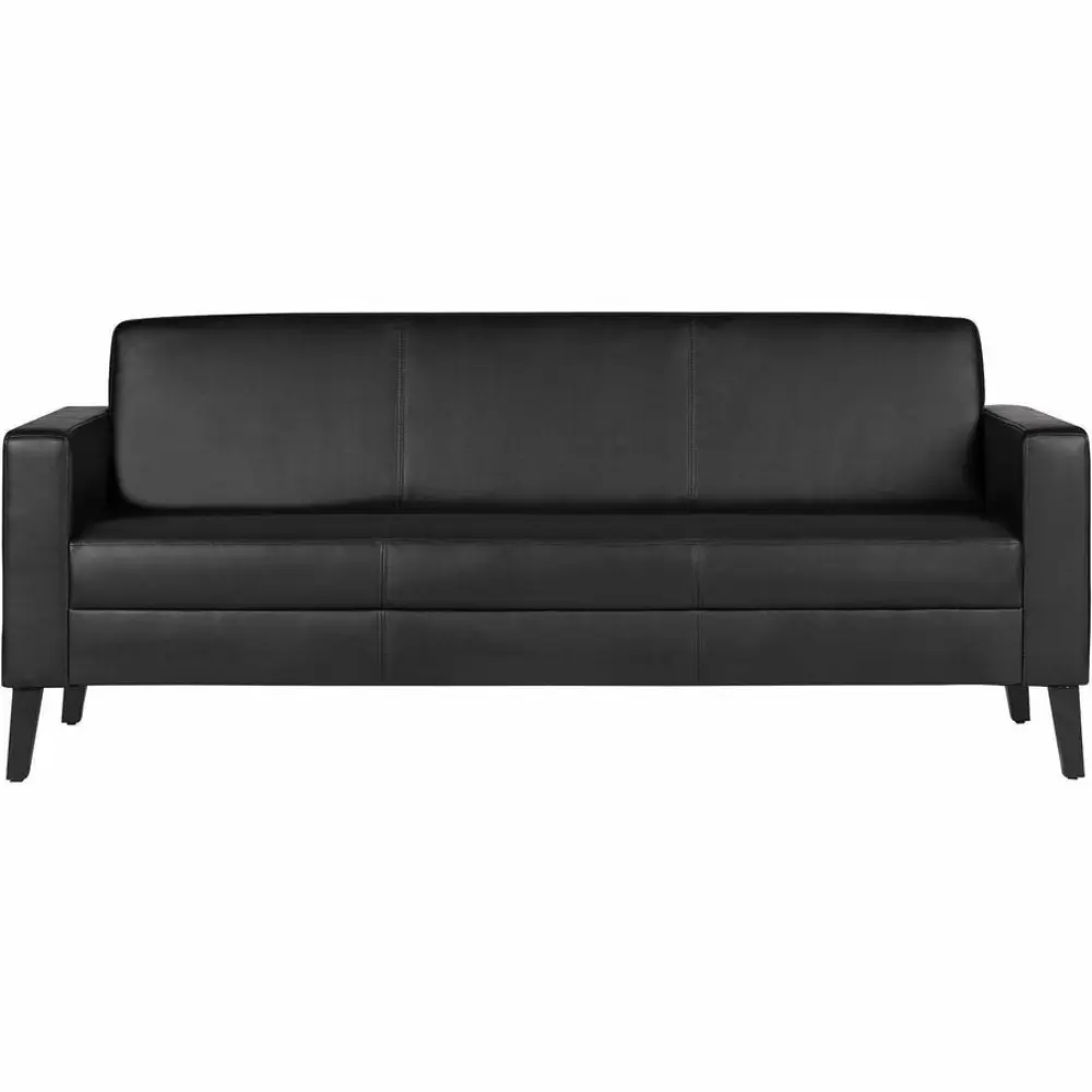 Full view of a black leather sofa with armrests and cushions