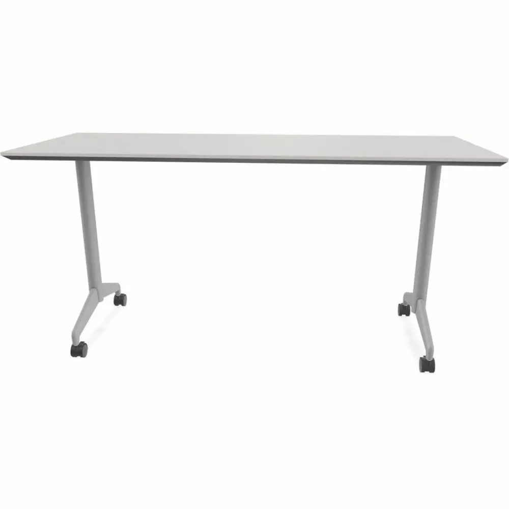 Back view of a standing desk with a rectangular top and wheeled base.