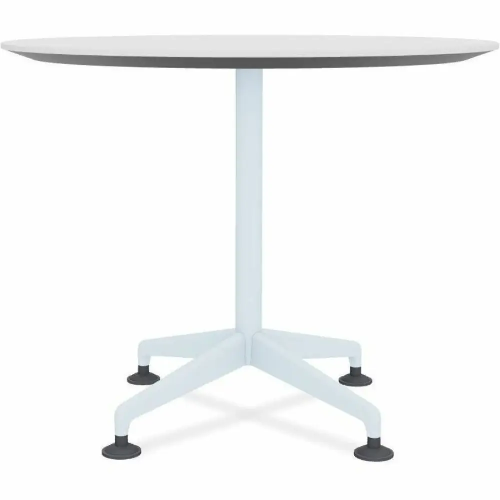 Round table with light blue pedestal and four-legged base with wheels