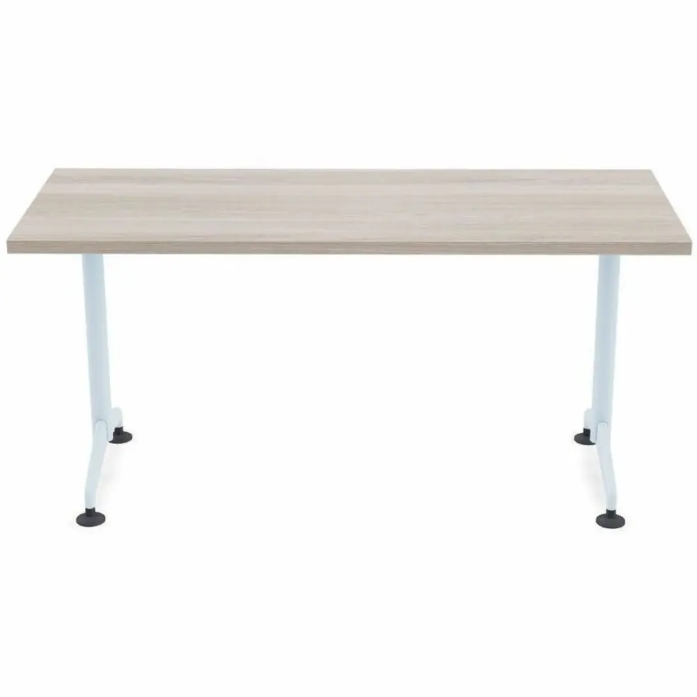Square light wood tabletop on a single pedestal base with small wheels