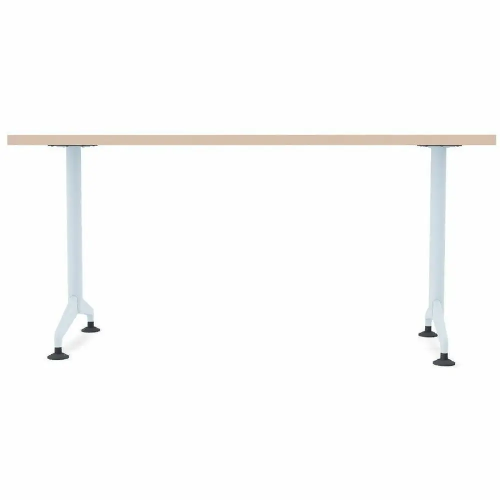 A small square light wood top pedestal table with a central light blue column and four-star base with feet.