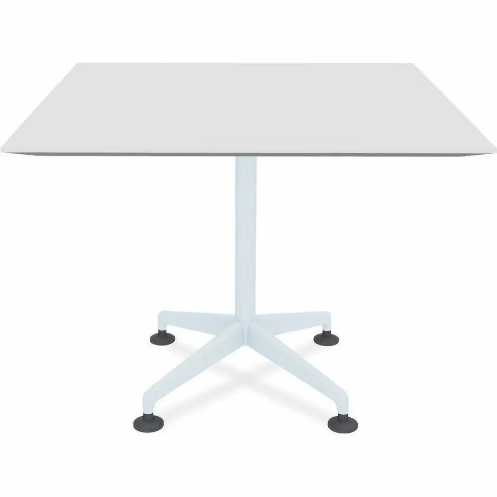 A light gray rectangular table with a vertical pedestal and a four-legged wheeled base, viewed from front.