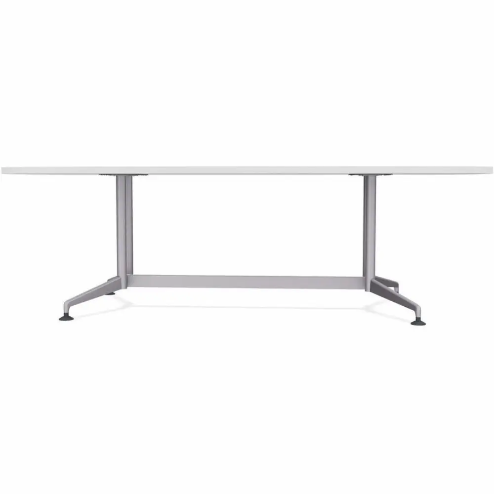 Round table turned to side showing mounting bracket on underside and pedestal with four legs on caster wheels.