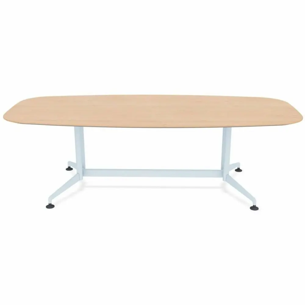 Underbelly of a similar small round table with pale blue base and pedestal legs