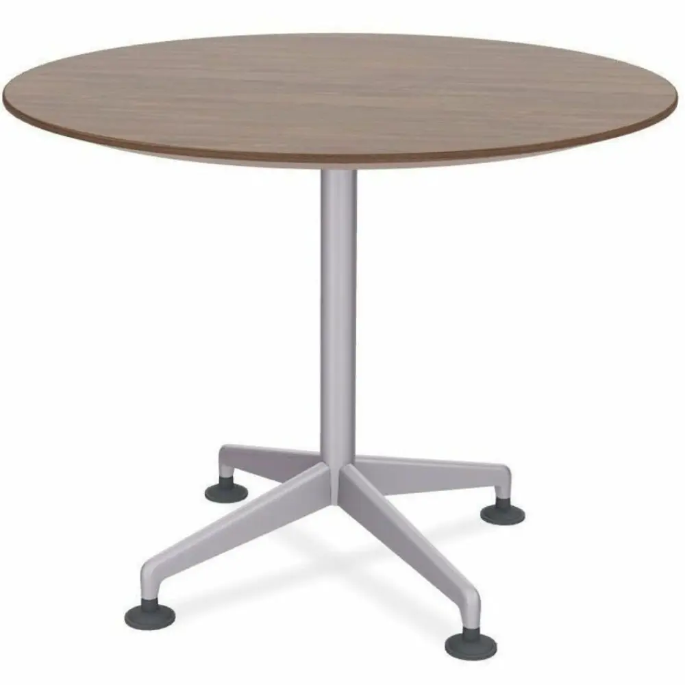 Round wood tabletop mounted on a metal pedestal with wheeled base, side view.