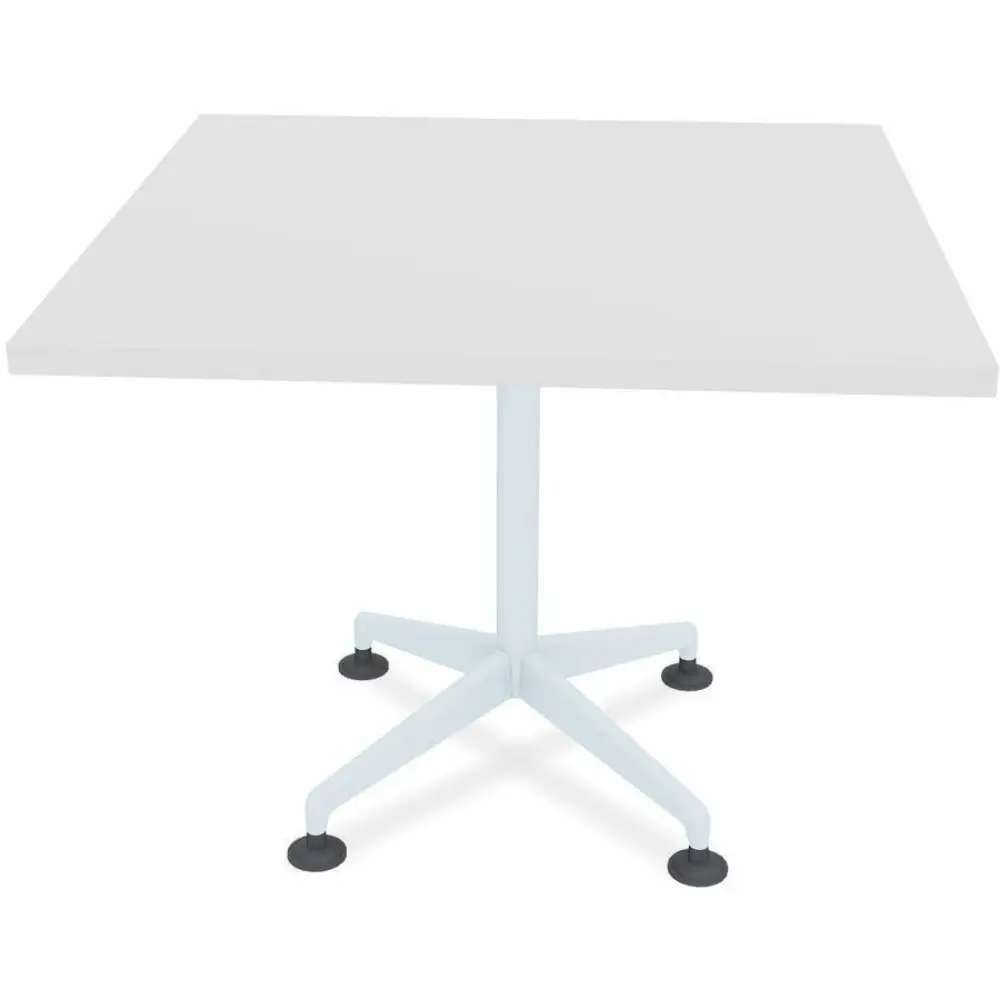White square table with light blue pedestal base and four caster feet