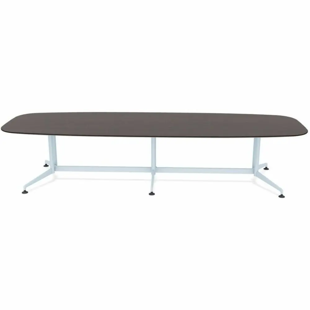 A small round or square coffee-height table with dark top and light blue base