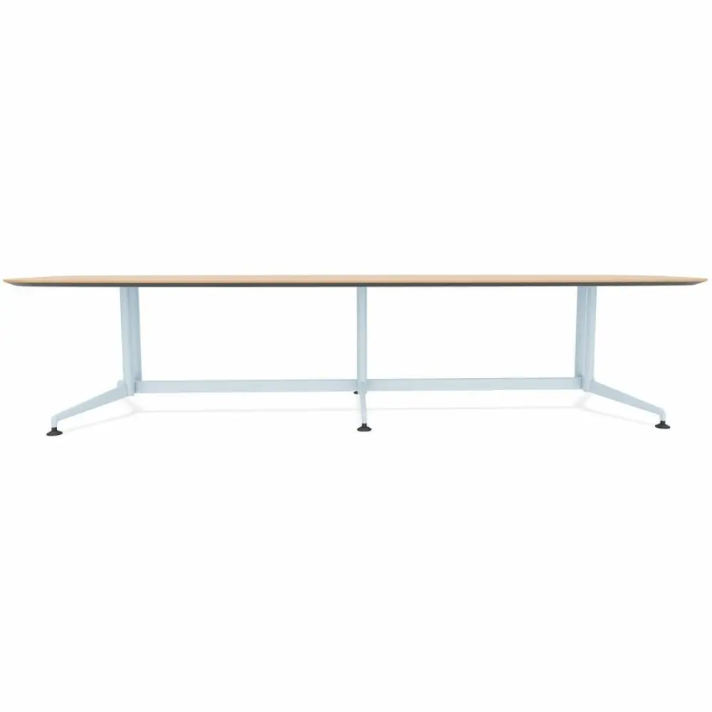 Under-table view showing metal pedestal legs and circular feet, rectangular table top with rounded edges.