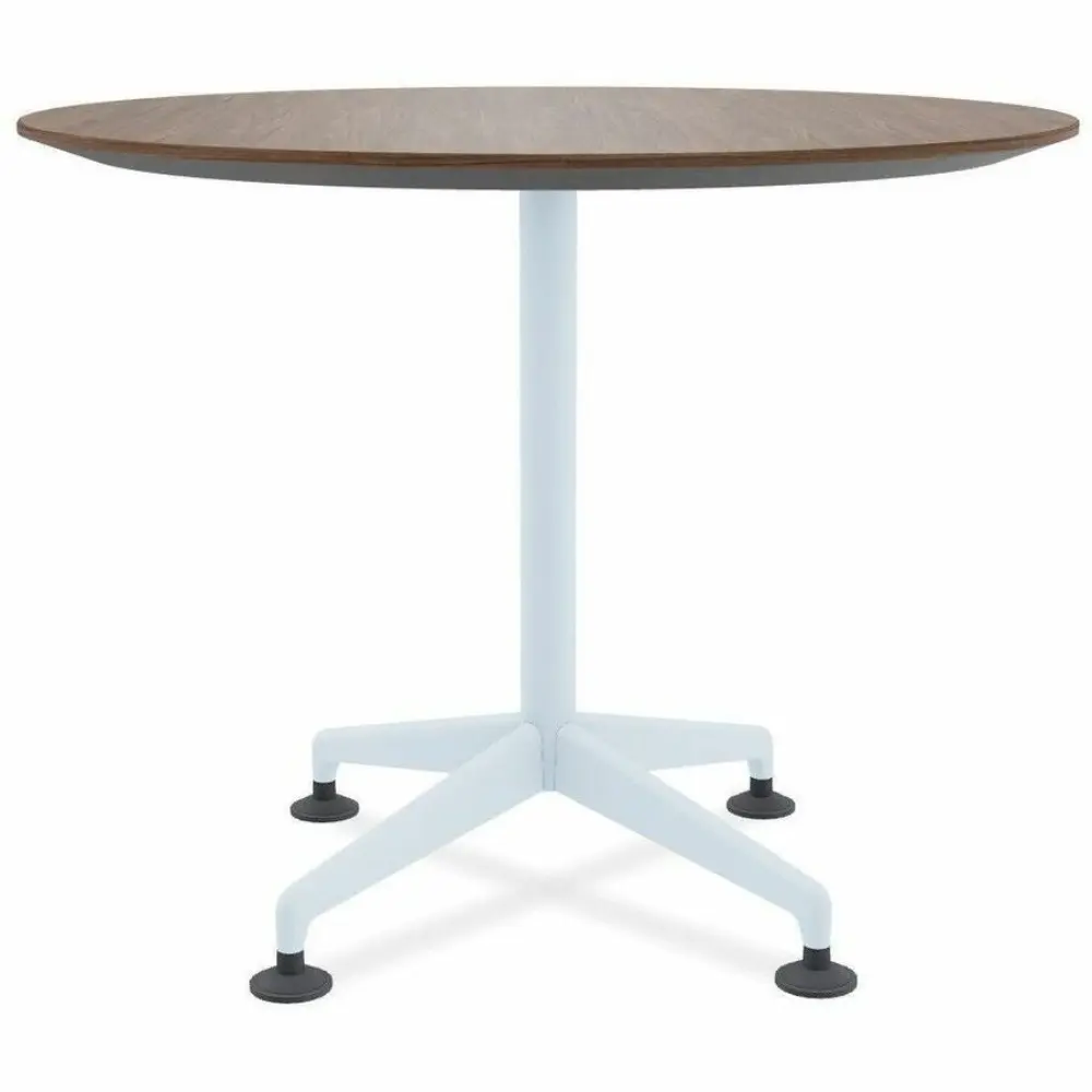 Round table with wood top and light blue central column and base with five legs ending in feet