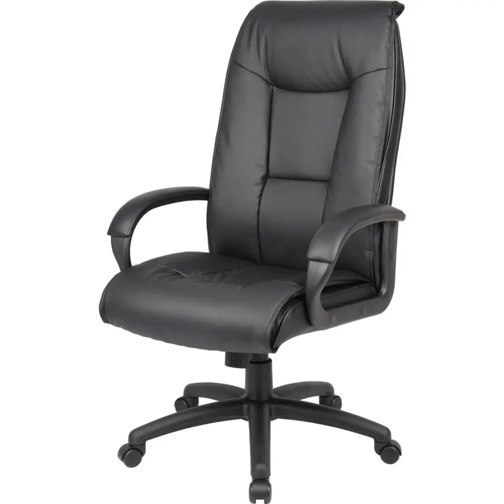 Another angle of black leather executive chair with armrests and tilt lever