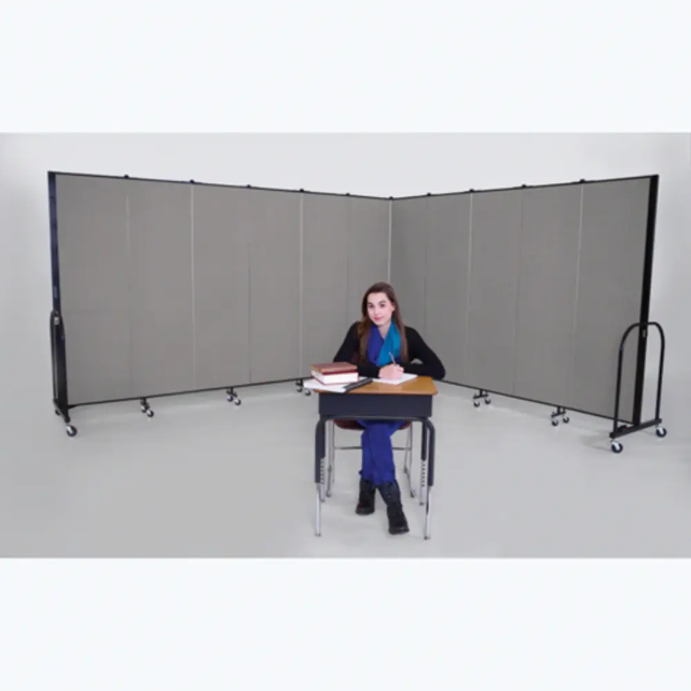 Long continuous grey room divider on wheels