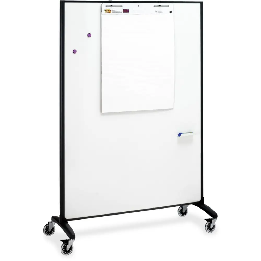 Two whiteboards joined side-by-side on wheels.