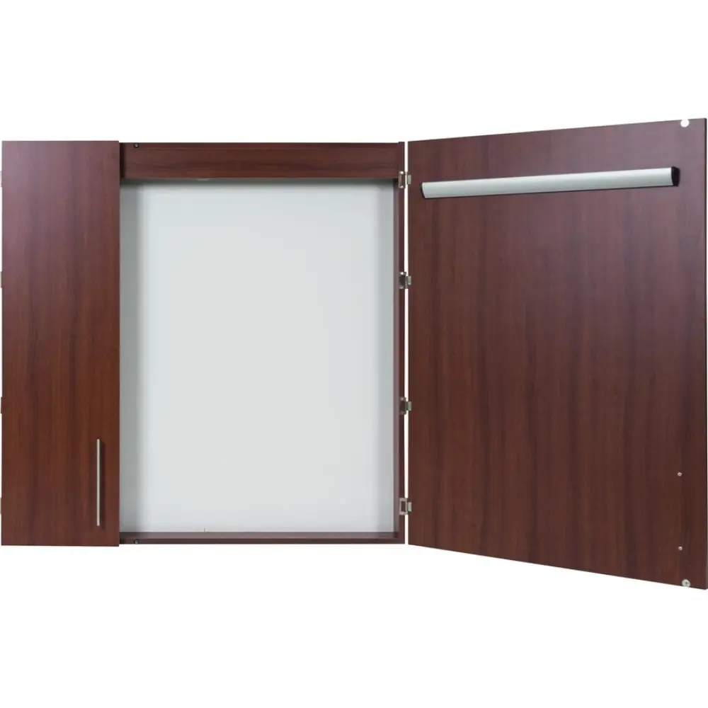 Close-up of cabinet edge with a metal handle and black end cap.