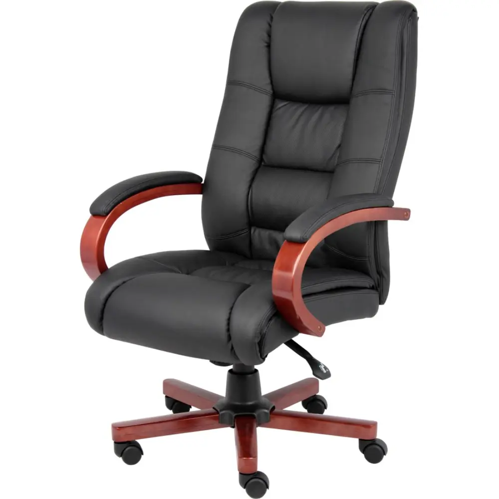 Close-up of black leather chair with visible stitching and wooden armrest.