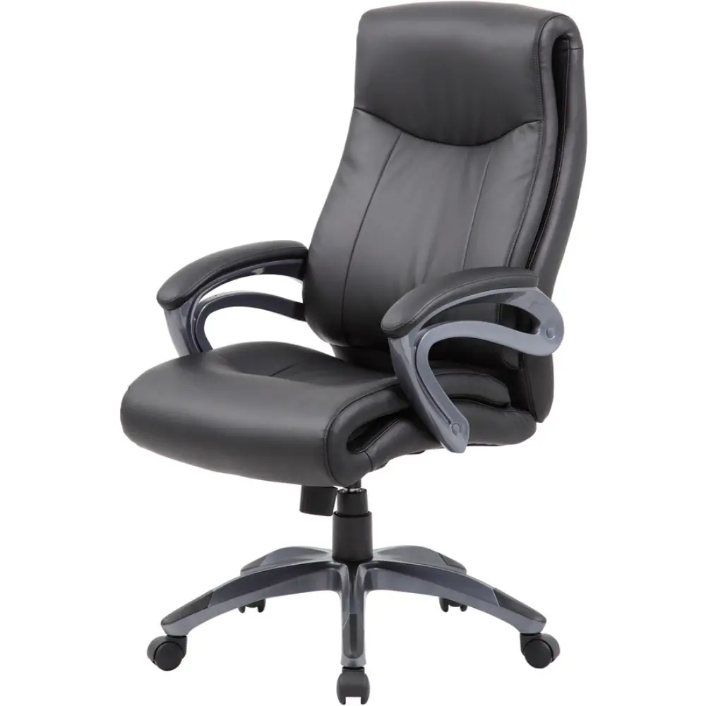 Close-up of black leather office chair seat and armrest
