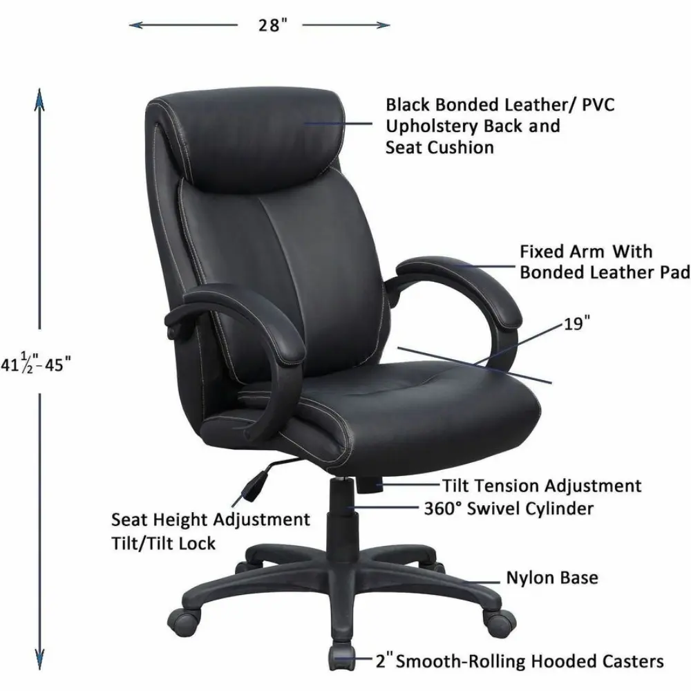 Front-left angled view of black leather desk chair with chrome-like base