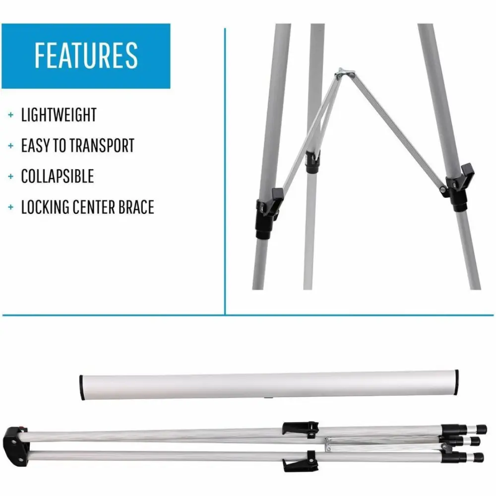 Close-up of legs/feet with hand adjusting telescoping aluminum legs, text lists easy & secure leg adjustment, telescoping aluminum legs, non-skid feet.