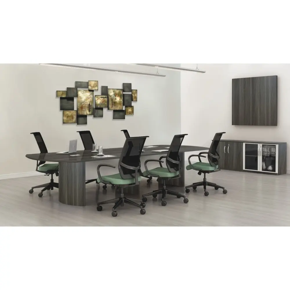 Office conference table setup with additional storage cabinet and shelves.