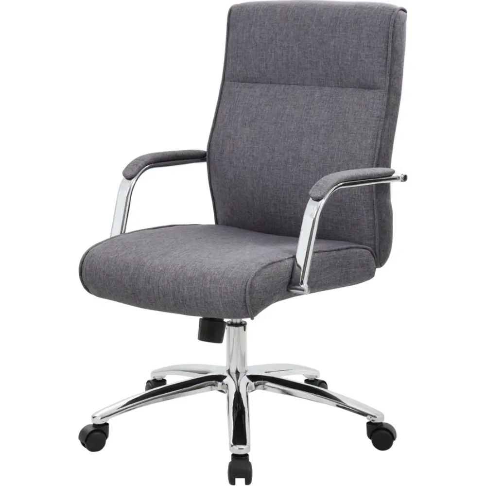Front view of grey fabric office chair on chrome base with wheels.