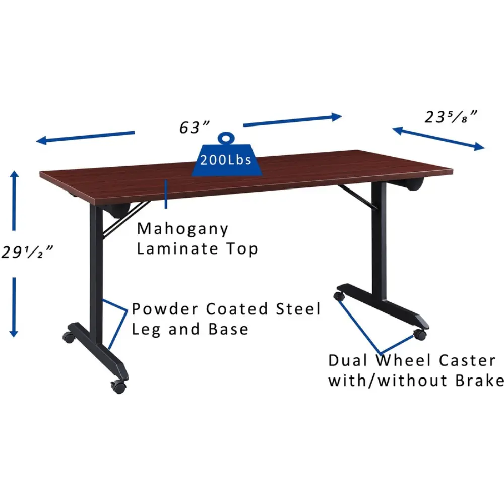 Bottom view of a two-piece table top and metal frame showing legs and wheel assemblies