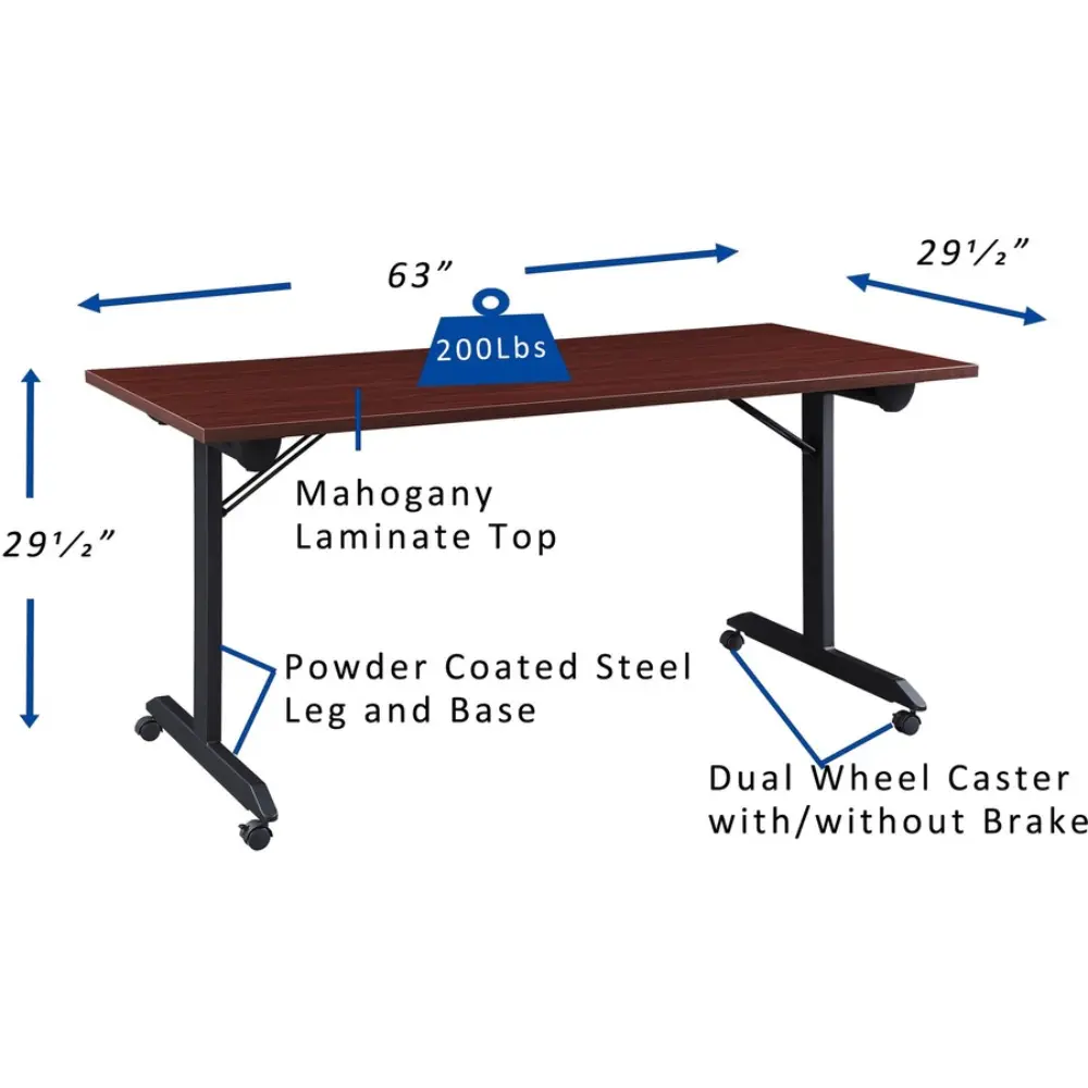 Underside view of a desk showing dual leg frame, both sides with wheels and central mounting brackets.