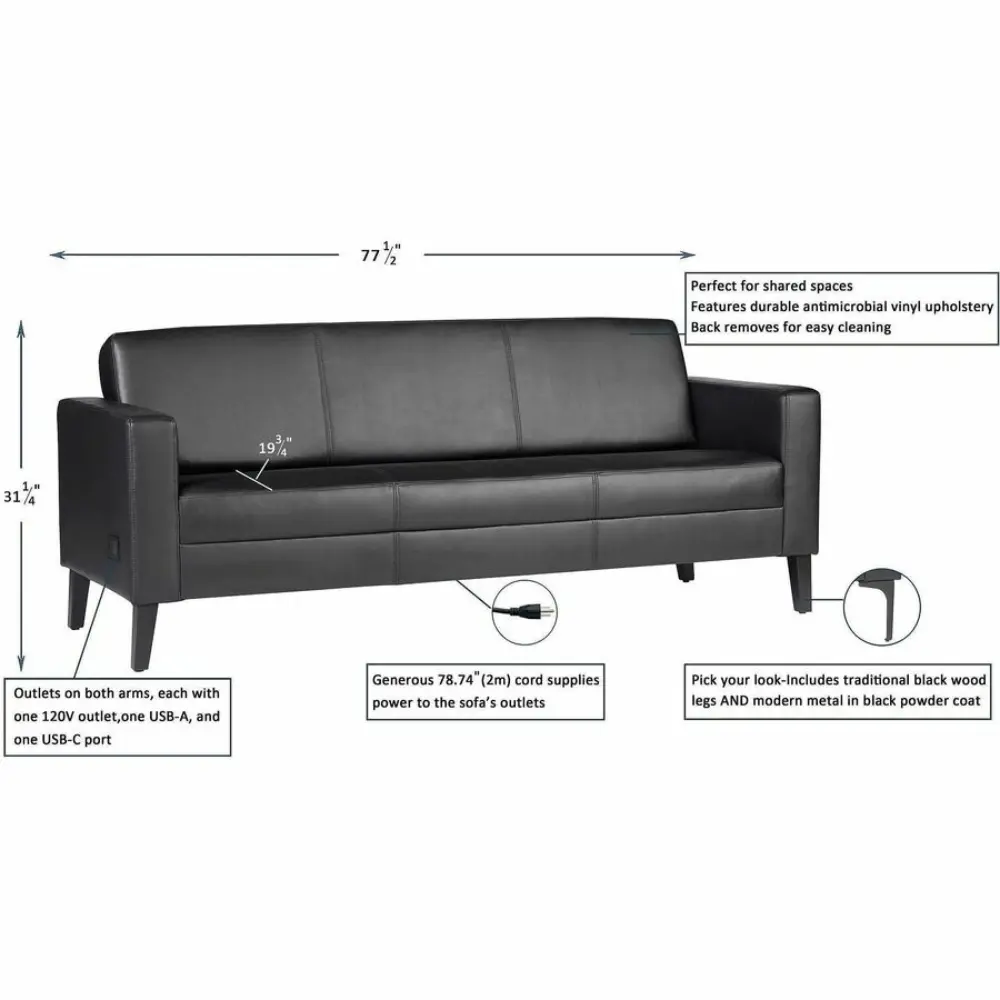 Close-up of power outlets and USB ports in a furniture piece, labeled USB-A, USB-C, and AC outlet