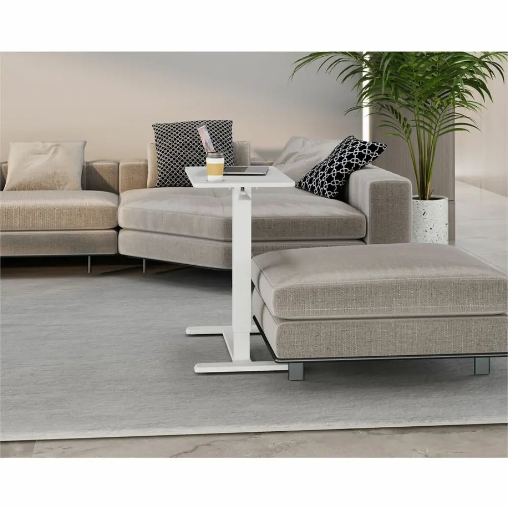 White adjustable desk frame with circular cutout on the top, label Hidden Casters showing mechanism