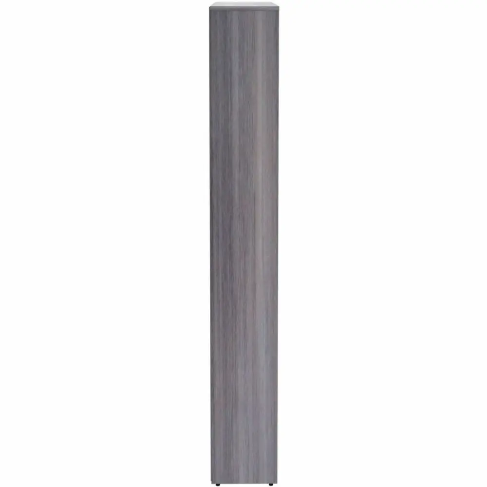 Medium-height bookshelf with several adjustable shelves, woodgrain finish.
