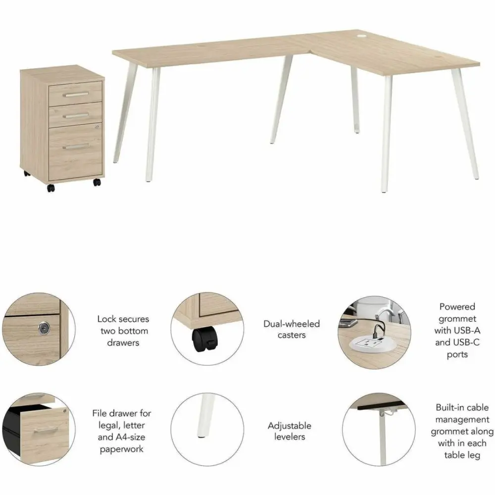 Dimension diagram of an L-shaped desk and a mobile filing cabinet with measurements in inches and centimeters.