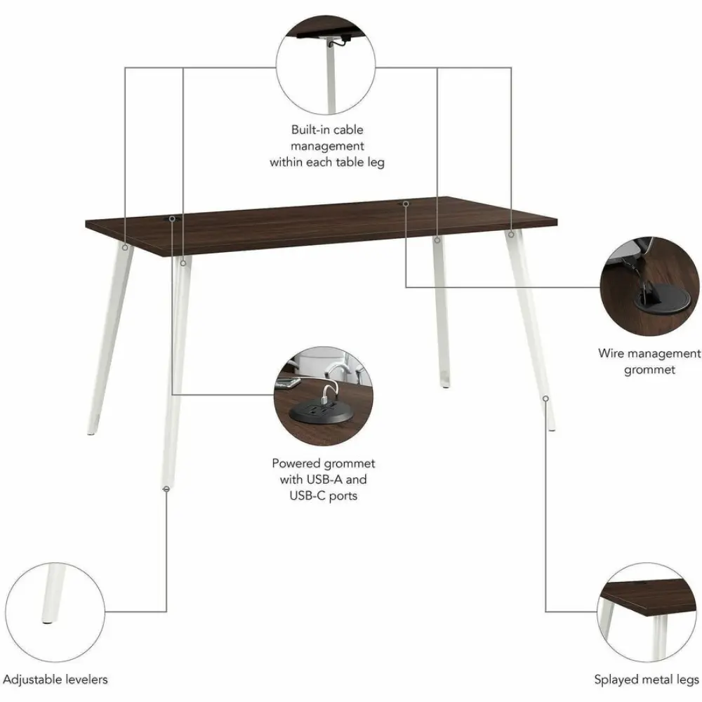Wireless charging/USB port power hub embedded in circular desk grommet on wood desk.