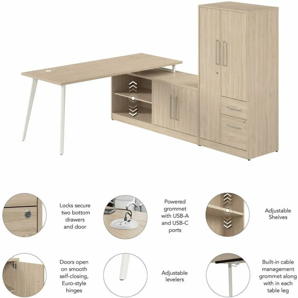 Dimensions diagram of a desk and storage cabinet set with measurements in cm
