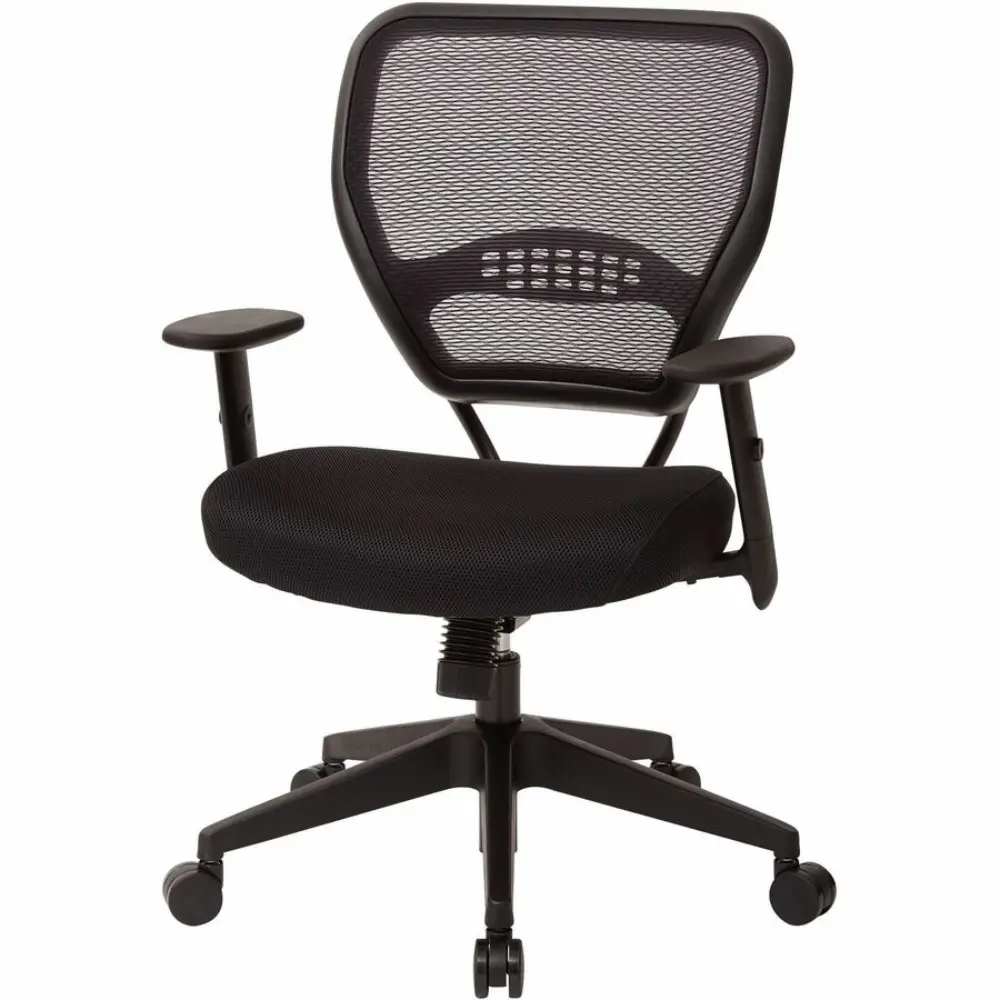 Rear side view of black mesh office chair with wheelbase and control knob visible